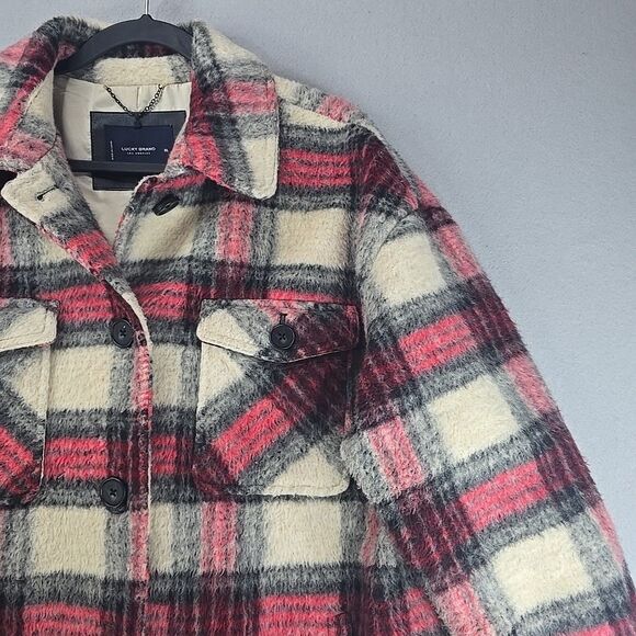 Lucky Brand Plaid Oversized Shirt Jacket Women's XL Shacket Beige Lined Heavy - Picture 2 of 11